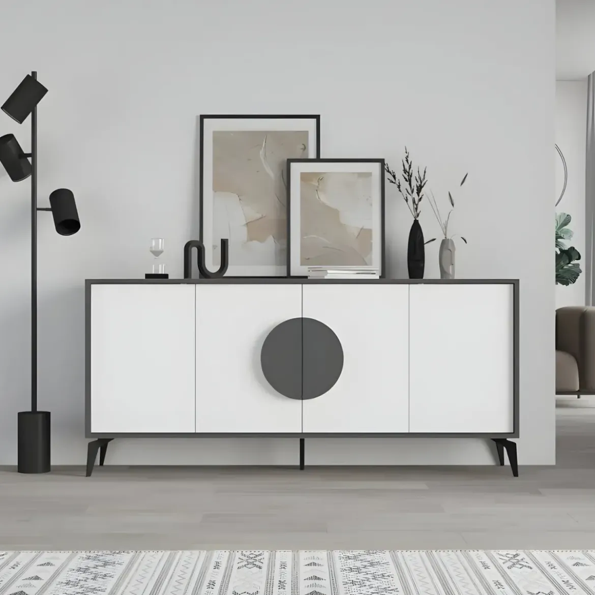 Madia Soggiorno Moderna 180 cm 4 Ante Bianco Antracite Moderno Piedini