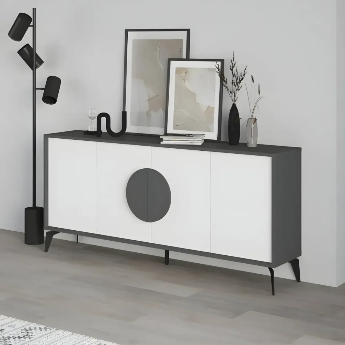Madia Soggiorno Moderna 180 cm 4 Ante Bianco Antracite Moderno Piedini