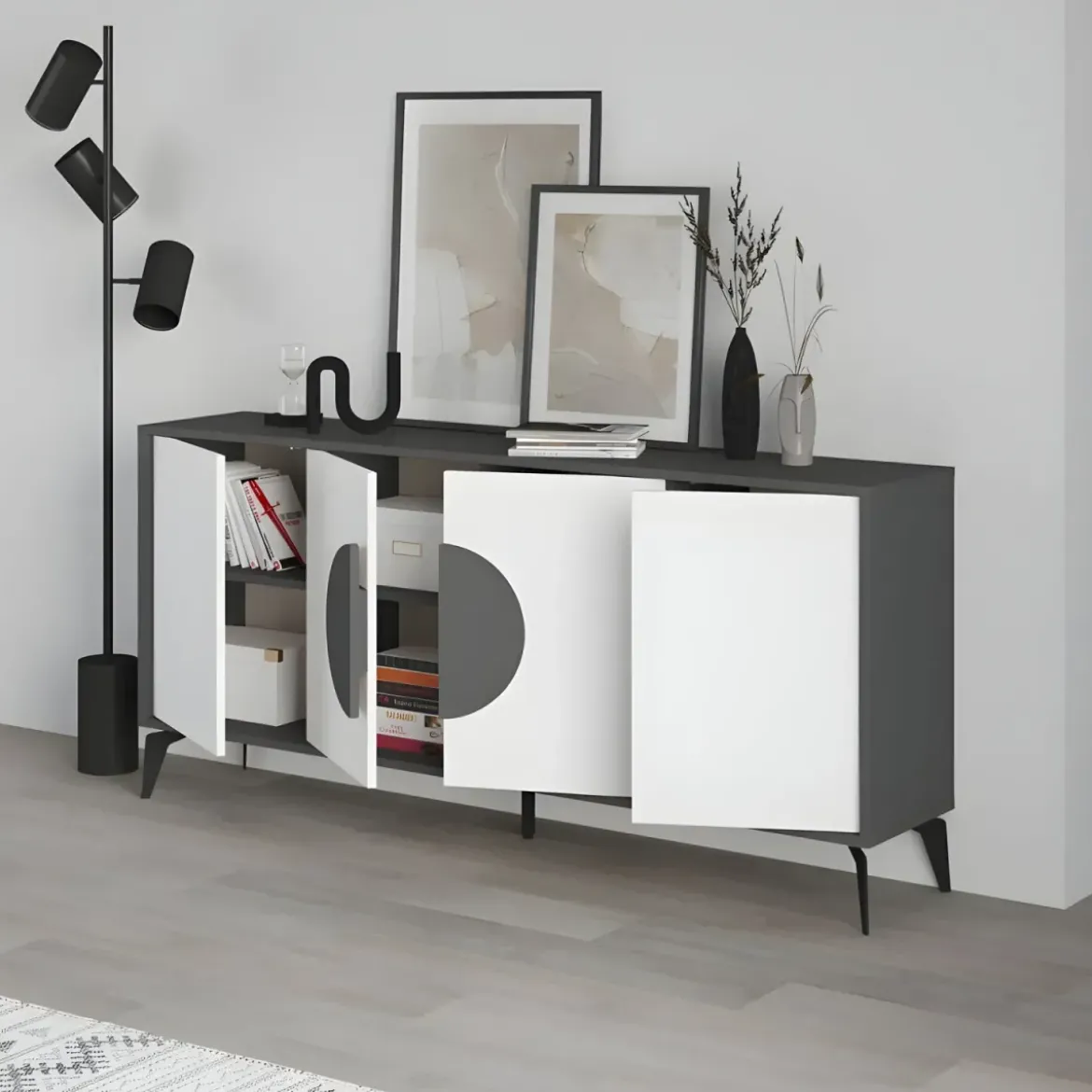 Madia Soggiorno Moderna 180 cm 4 Ante Bianco Antracite Moderno Piedini