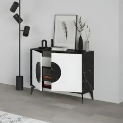 Madia Soggiorno Moderna 110 cm Bianco Nero Effetto Marmo Piedini