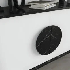 Madia Soggiorno Moderna 110 cm Bianco Nero Effetto Marmo Piedini