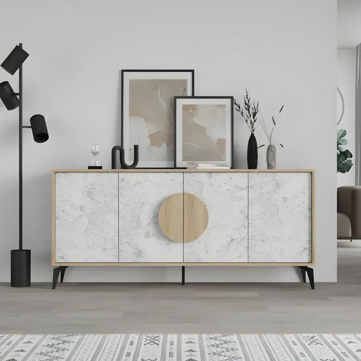 Madia Soggiorno Moderna 180 cm Rovere 4 Ante Effetto Marmo Piedini