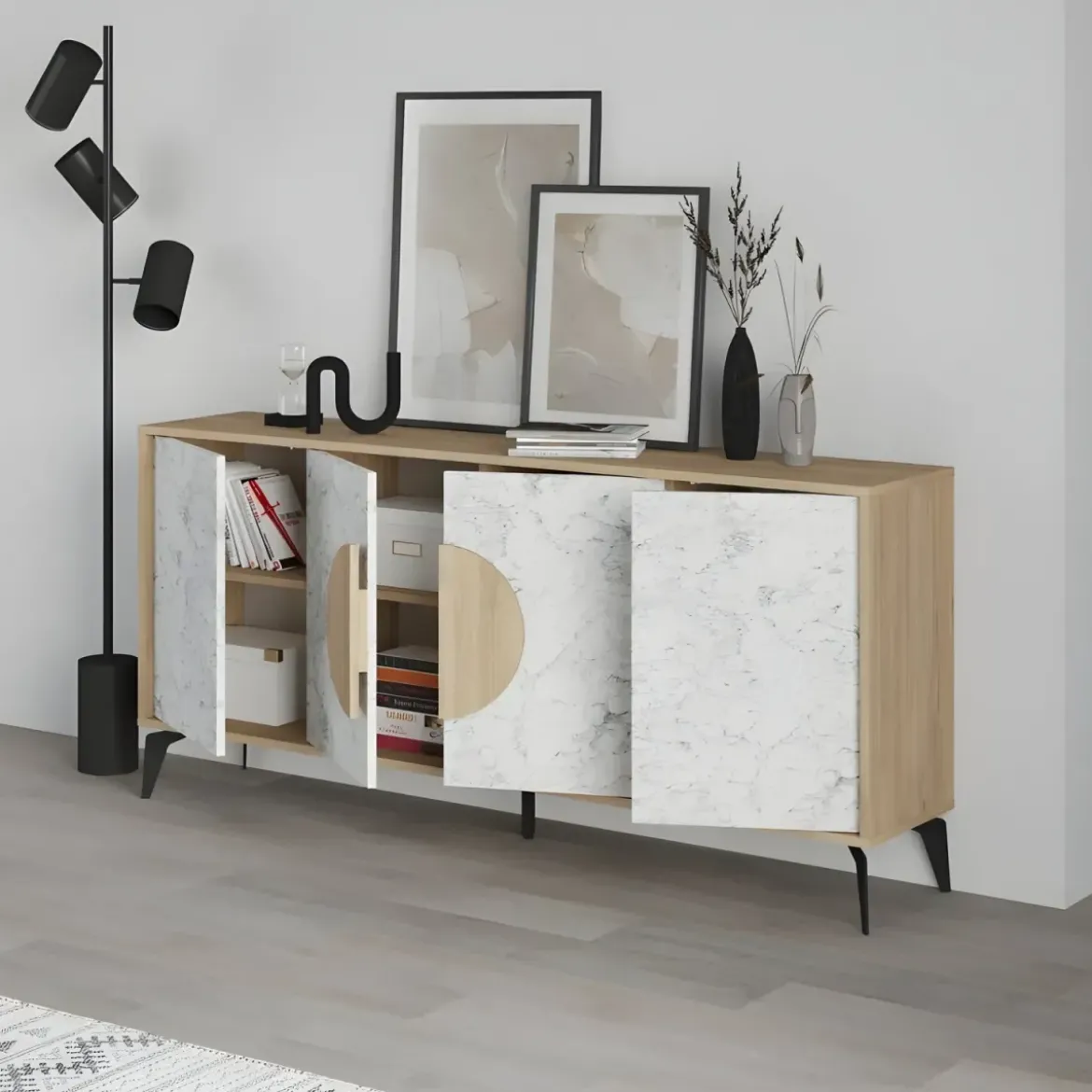 Madia Soggiorno Moderna 180 cm Rovere 4 Ante Effetto Marmo Piedini