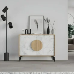 Madia Soggiorno Moderna 110 cm Rovere Bianco Effetto Marmo Piedini