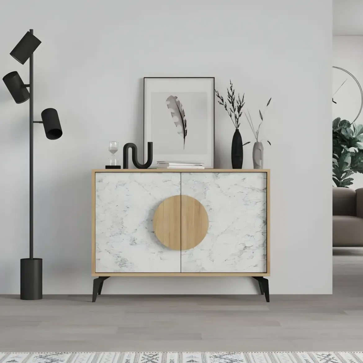 Madia Soggiorno Moderna 110 cm Rovere Bianco Effetto Marmo Piedini