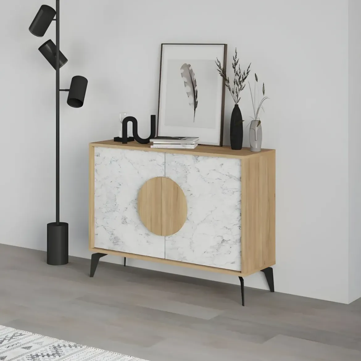 Madia Soggiorno Moderna 110 cm Rovere Bianco Effetto Marmo Piedini