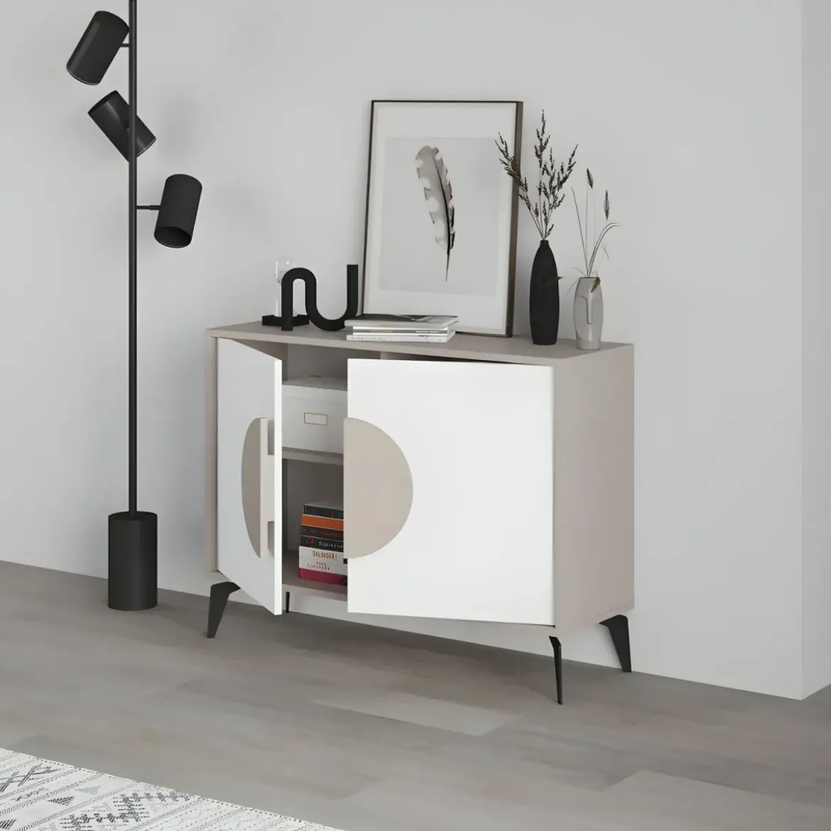 Madia Soggiorno Moderna 110 cm Tortora Ante Bianco Piedini Salvaspazio