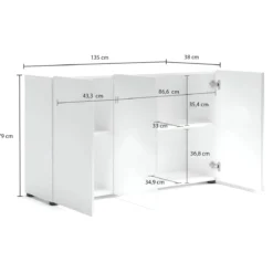 Mobile a 3 Ante con Ripiani Credenza 135x38x80 cm Bianco Lucido