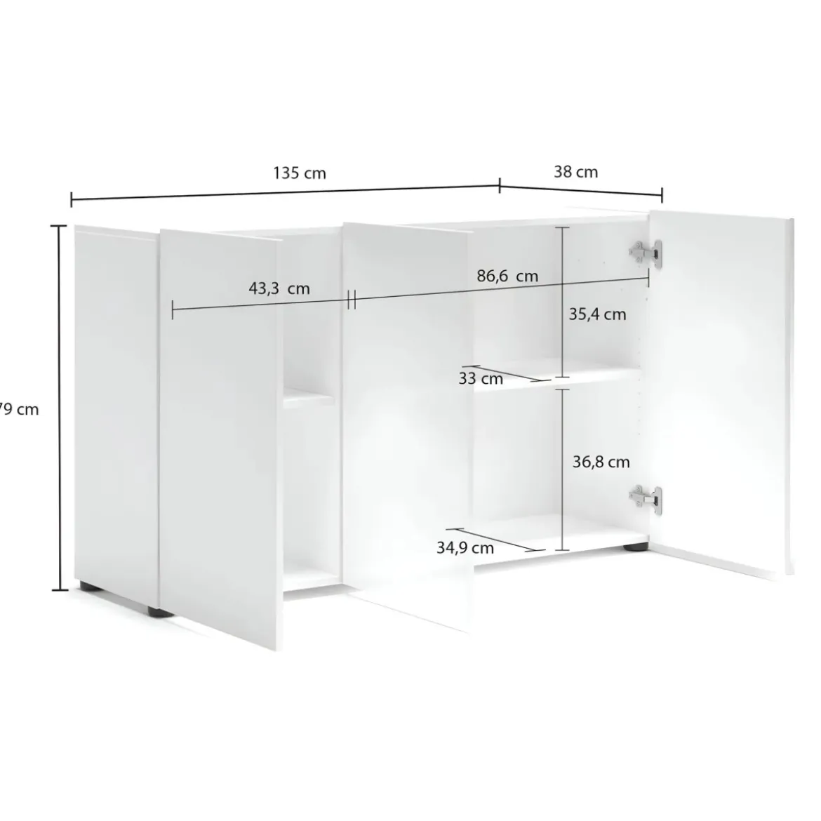 Mobile a 3 Ante con Ripiani Credenza 135x38x80 cm Bianco Lucido