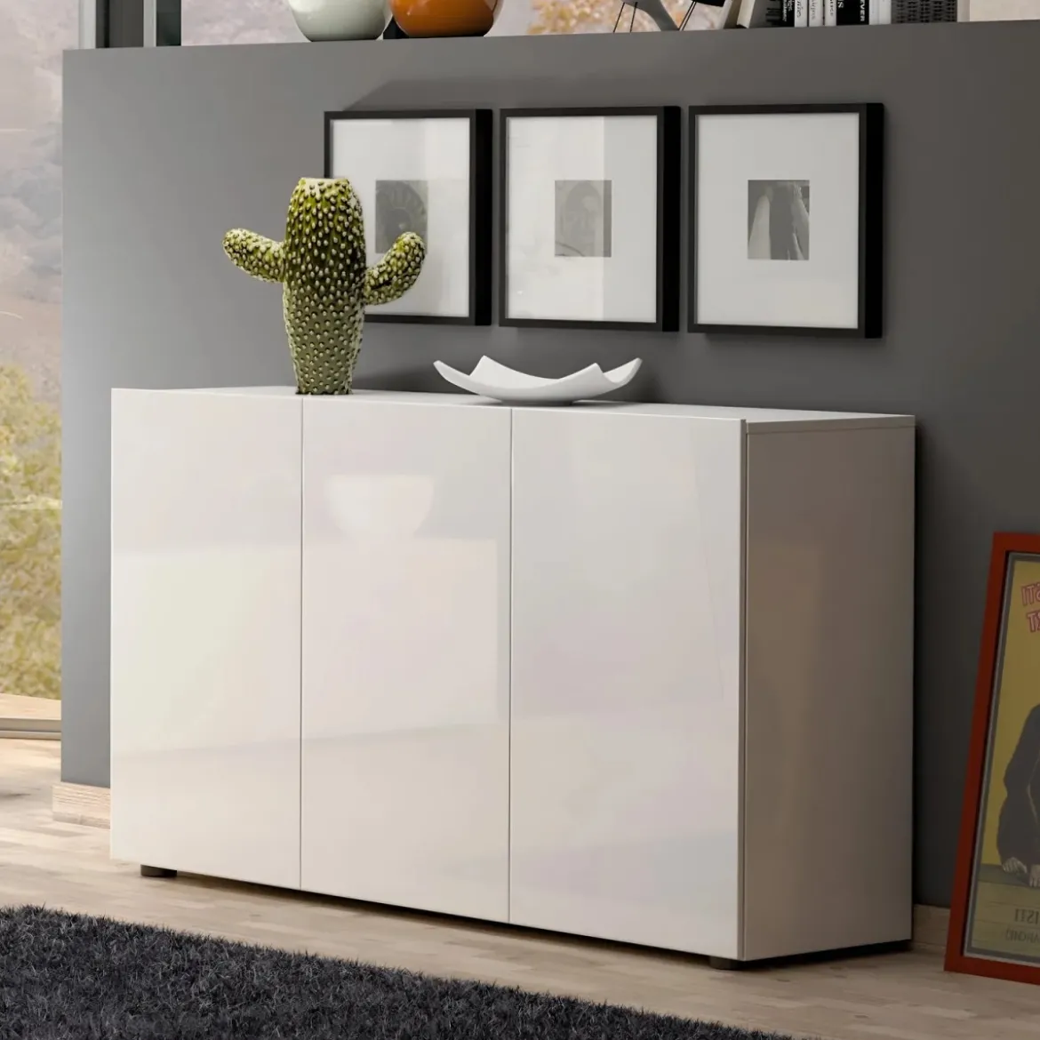 Mobile a 3 Ante con Ripiani Credenza 135x38x80 cm Bianco Lucido