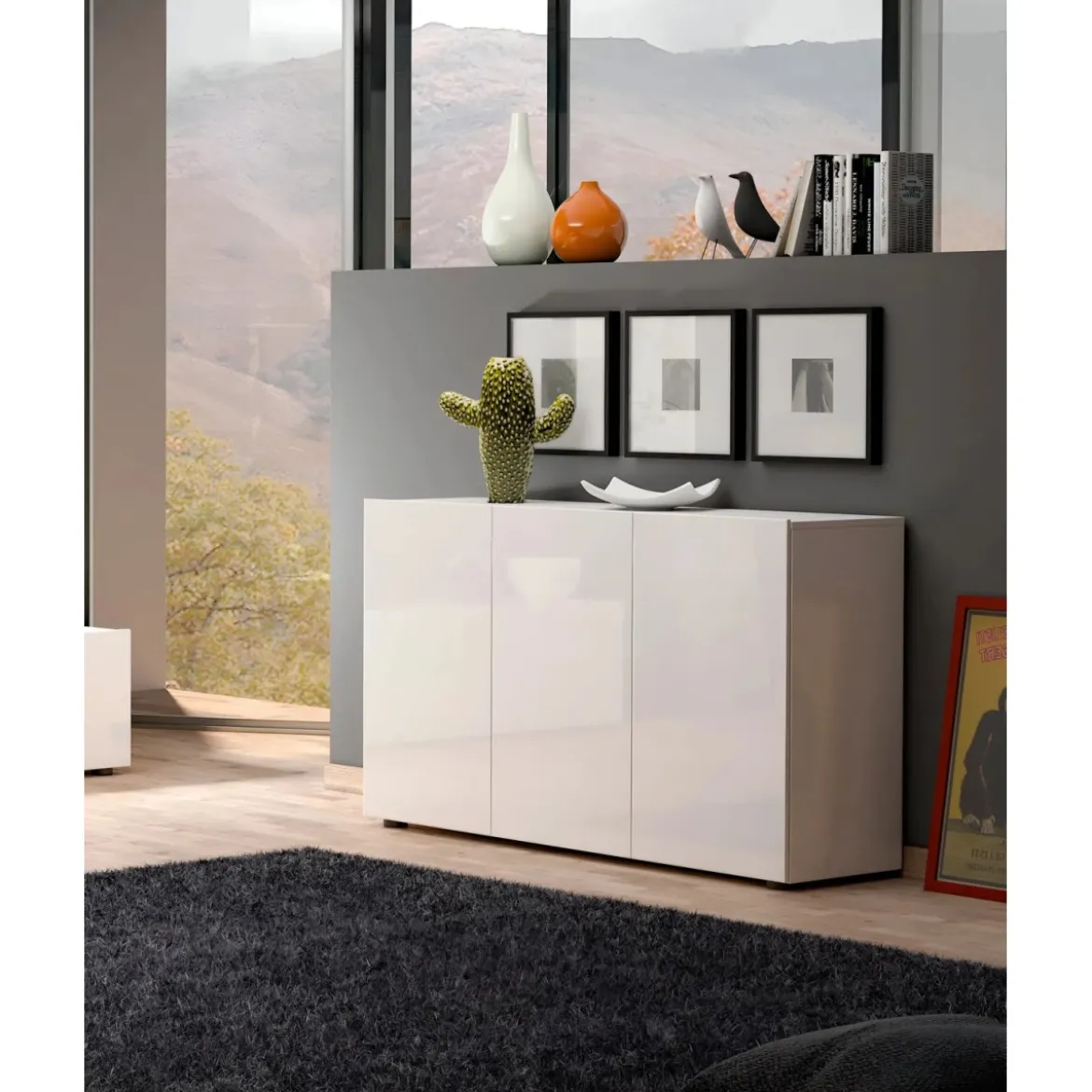 Mobile a 3 Ante con Ripiani Credenza 135x38x80 cm Bianco Lucido