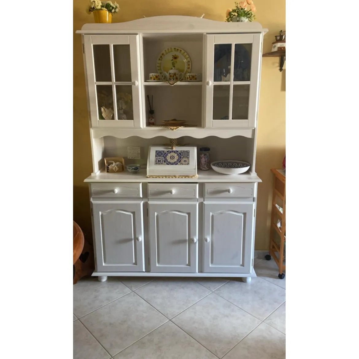 Mobile Alto 3 Ante Cassetti Bianco Credenza Vetrina da Soggiorno Cucina Rustico