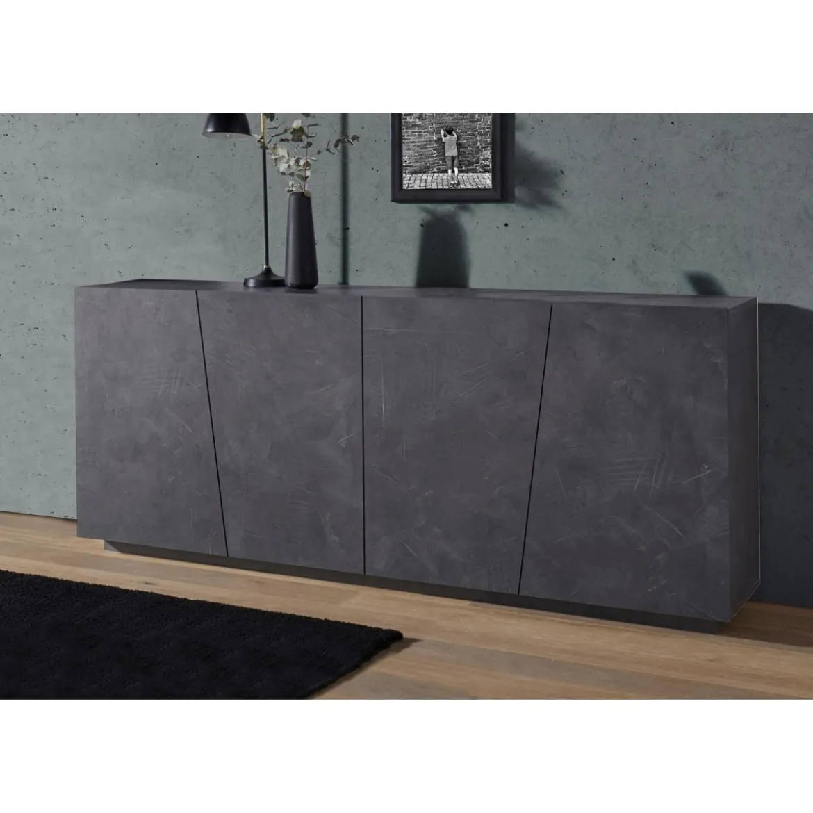 Mobile Ardesia 200 cm Basso con 4 Ante Credenza Moderna per Soggiorno