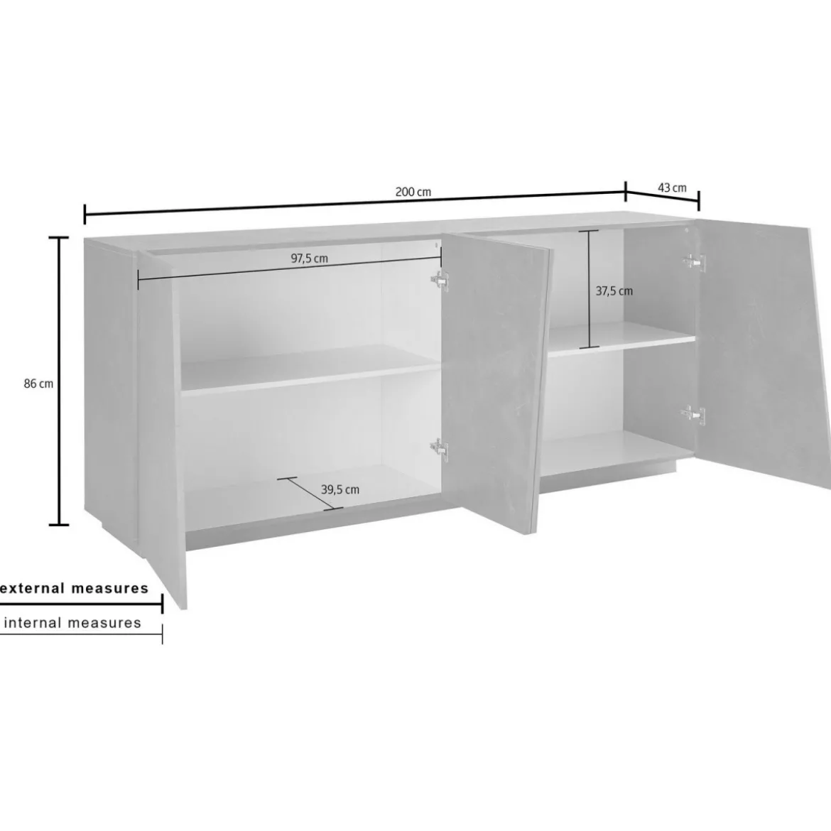 Mobile Ardesia 200 cm Basso con 4 Ante Credenza Moderna per Soggiorno