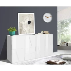 Mobile Basso 160 cm Credenza Bianco Laccato Madia in Legno con 4 Ante
