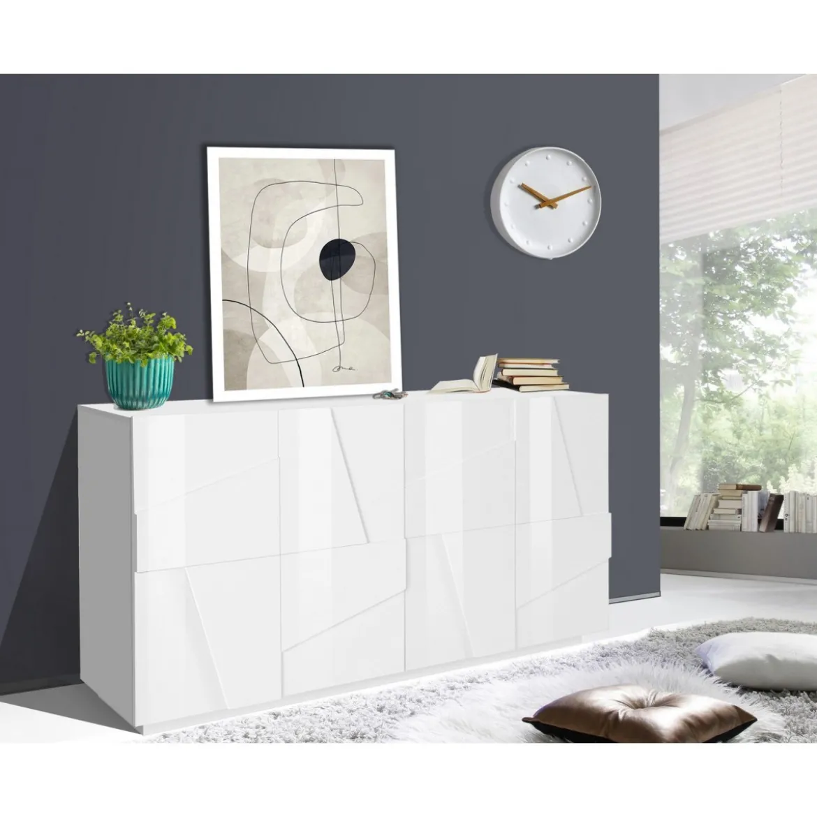 Mobile Basso 160 cm Credenza Bianco Laccato Madia in Legno con 4 Ante