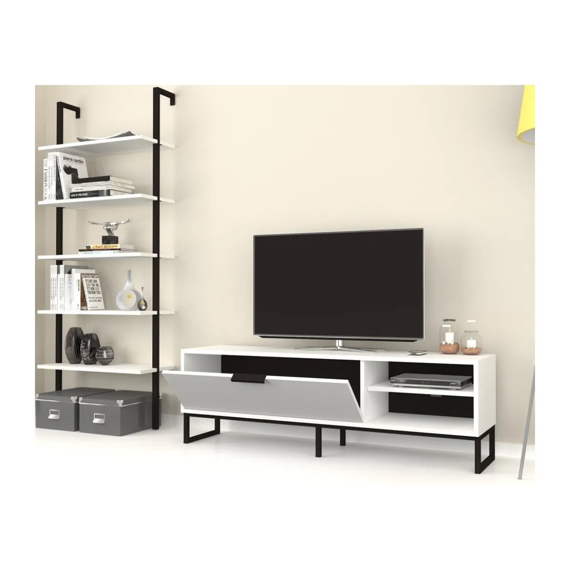 Mobile Basso Porta TV 140 Bianco Anta Ripiani Libreria Parete in Legno Moderno