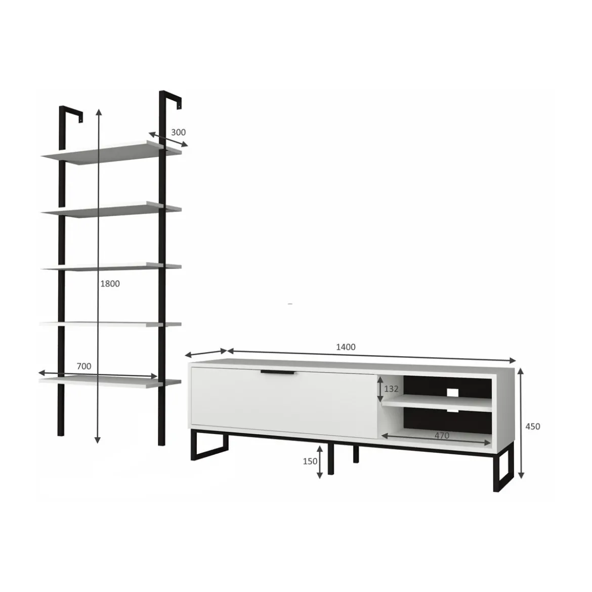 Mobile Basso Porta TV 140 Bianco Anta Ripiani Libreria Parete in Legno Moderno