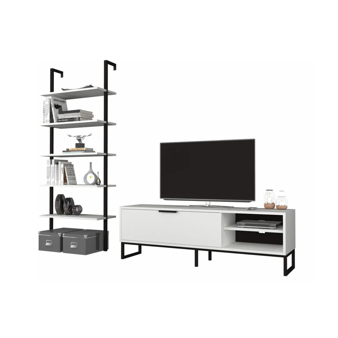Mobile Basso Porta TV 140 Bianco Anta Ripiani Libreria Parete in Legno Moderno