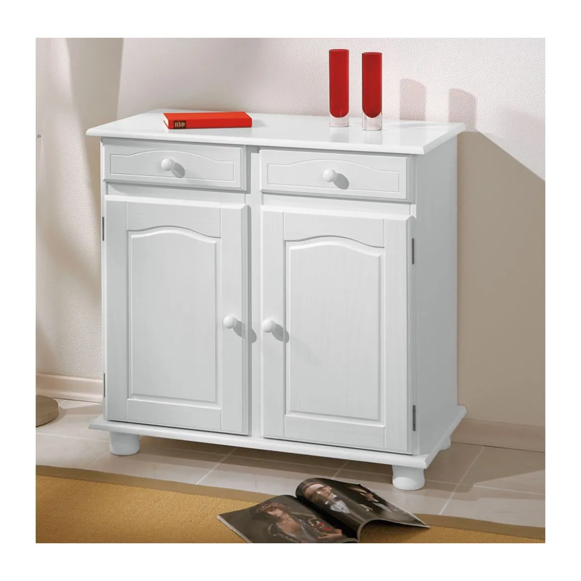 Mobile Bianco 2 Ante 2 Cassetti Credenza in Legno Pino Dispensa Soggiorno Cucina