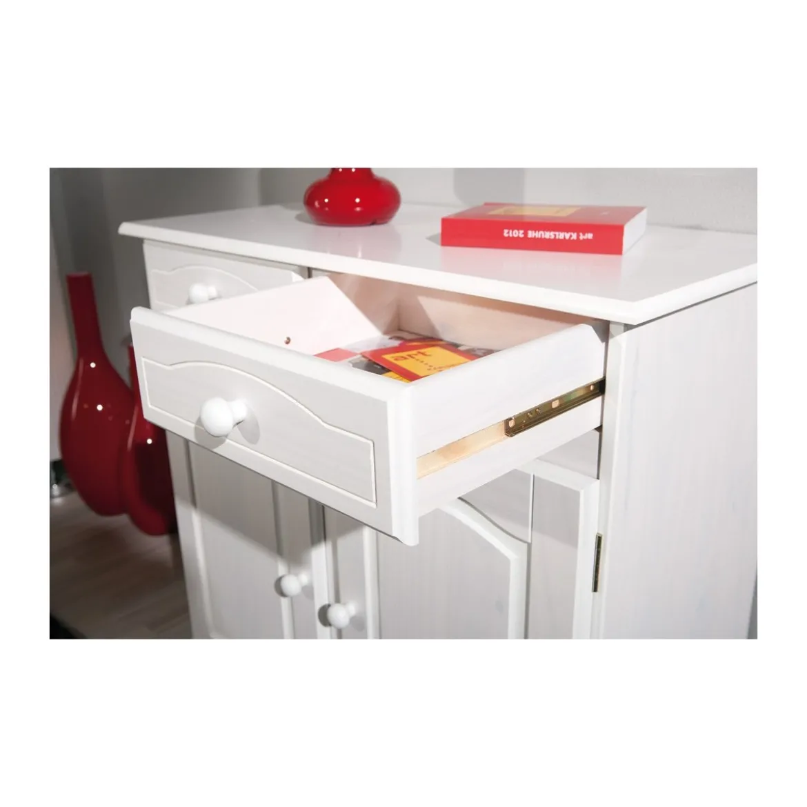 Mobile Bianco 2 Ante 2 Cassetti Credenza in Legno Pino Dispensa Soggiorno Cucina