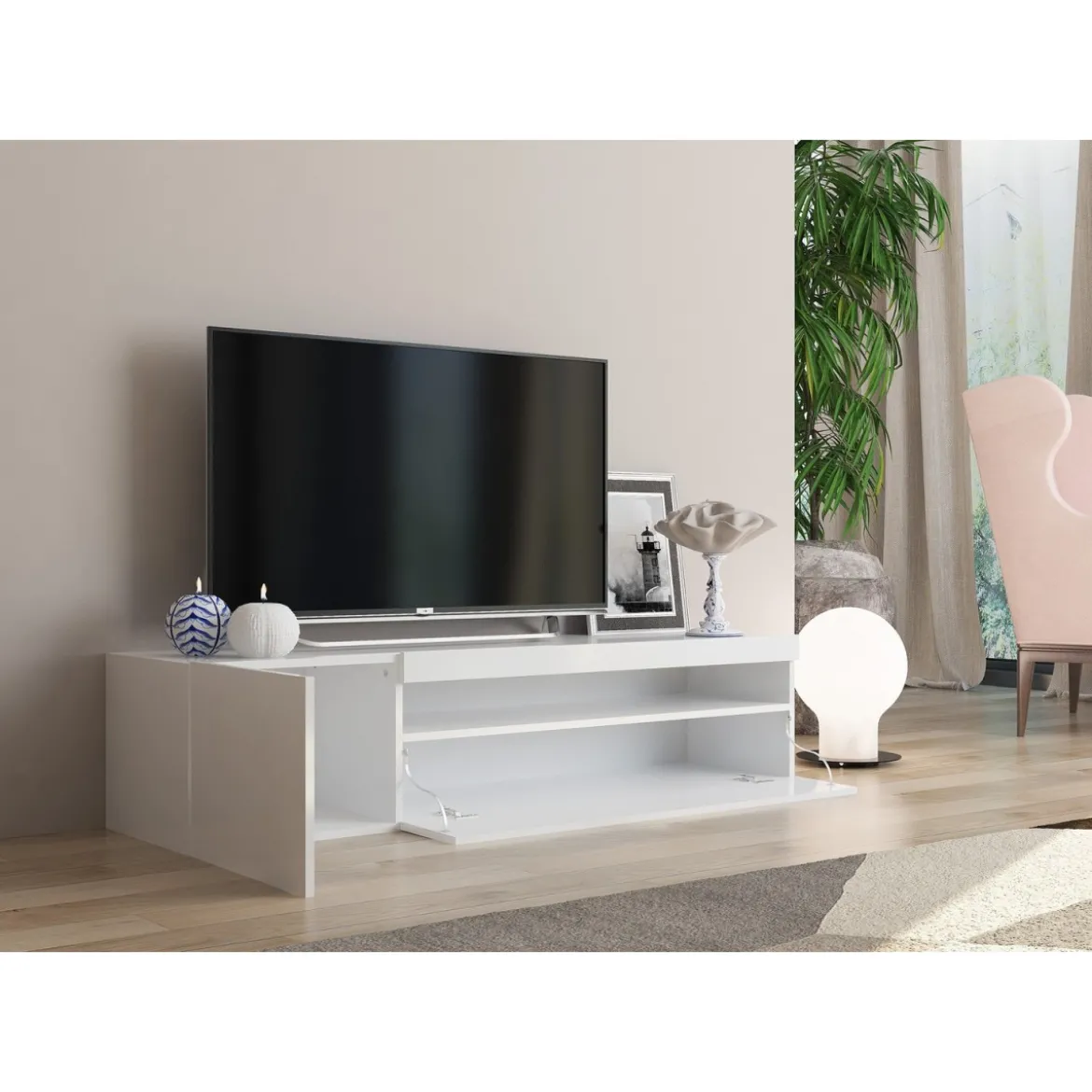 Mobile Bianco Moderno Porta TV 155 Basso Soggiorno con Anta Ribalta Legno