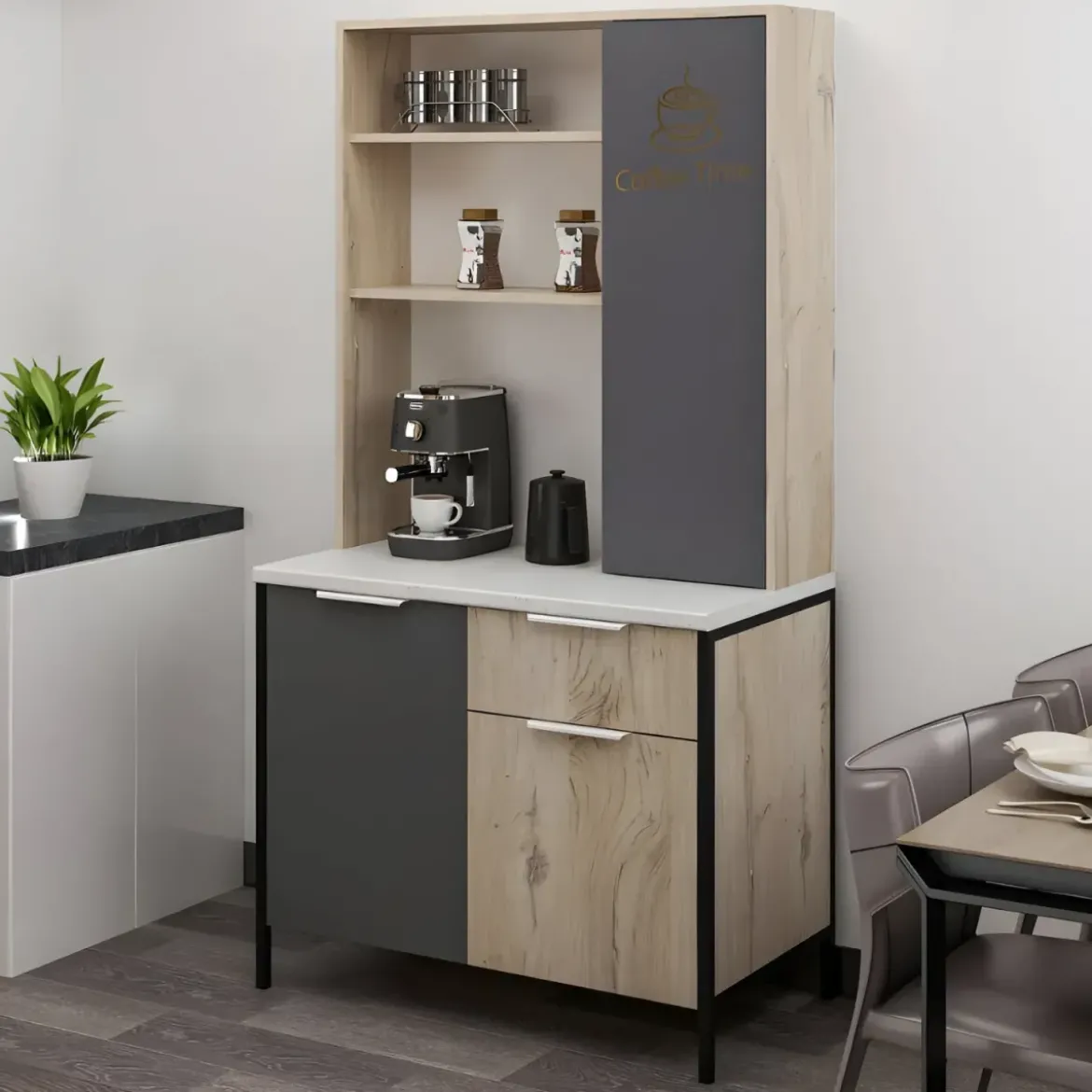Mobile Caffè Multiuso Ripiani a Giorno Ante Cassetto Rovere Antracite