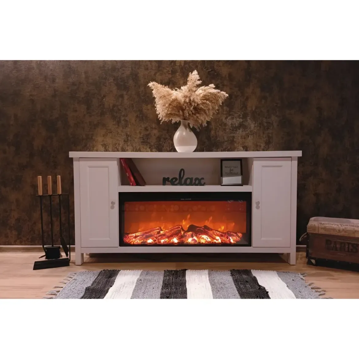 Mobile Camino Elettrico 1500W Rustico da Soggiorno Bianco Fiamma Arancione