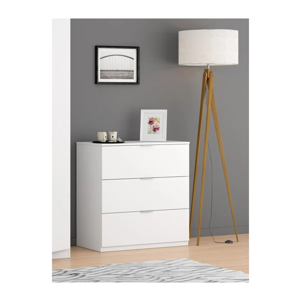 Mobile Cassettiera Bianca 3 Cassetti 80 cm Como Legno Camera da Letto Soggiorno