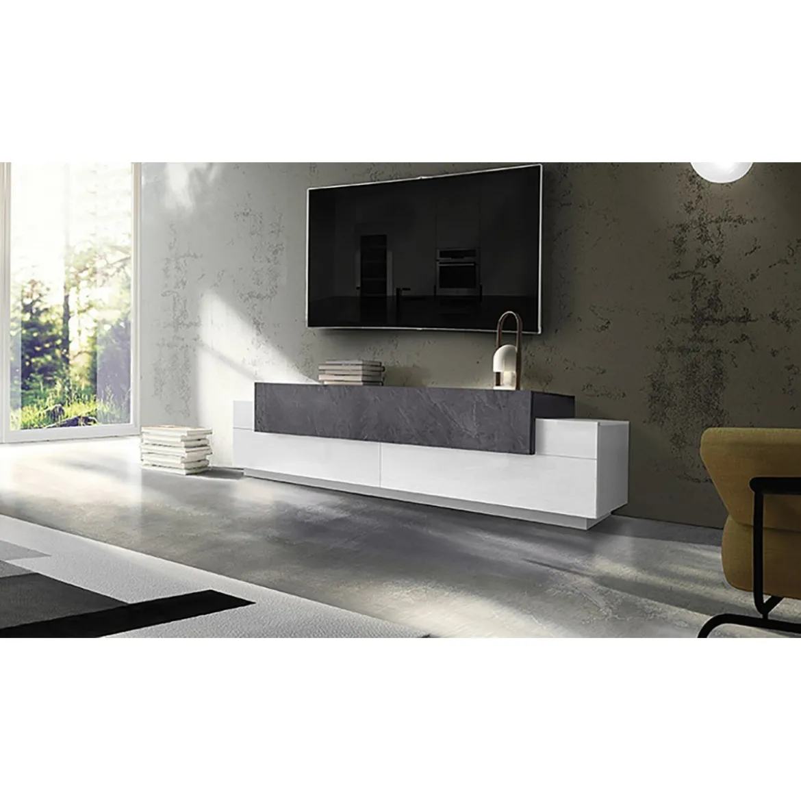 Mobile con Ante a Ribalta Bianco e Grigio Basso Porta TV Soggiorno Legno
