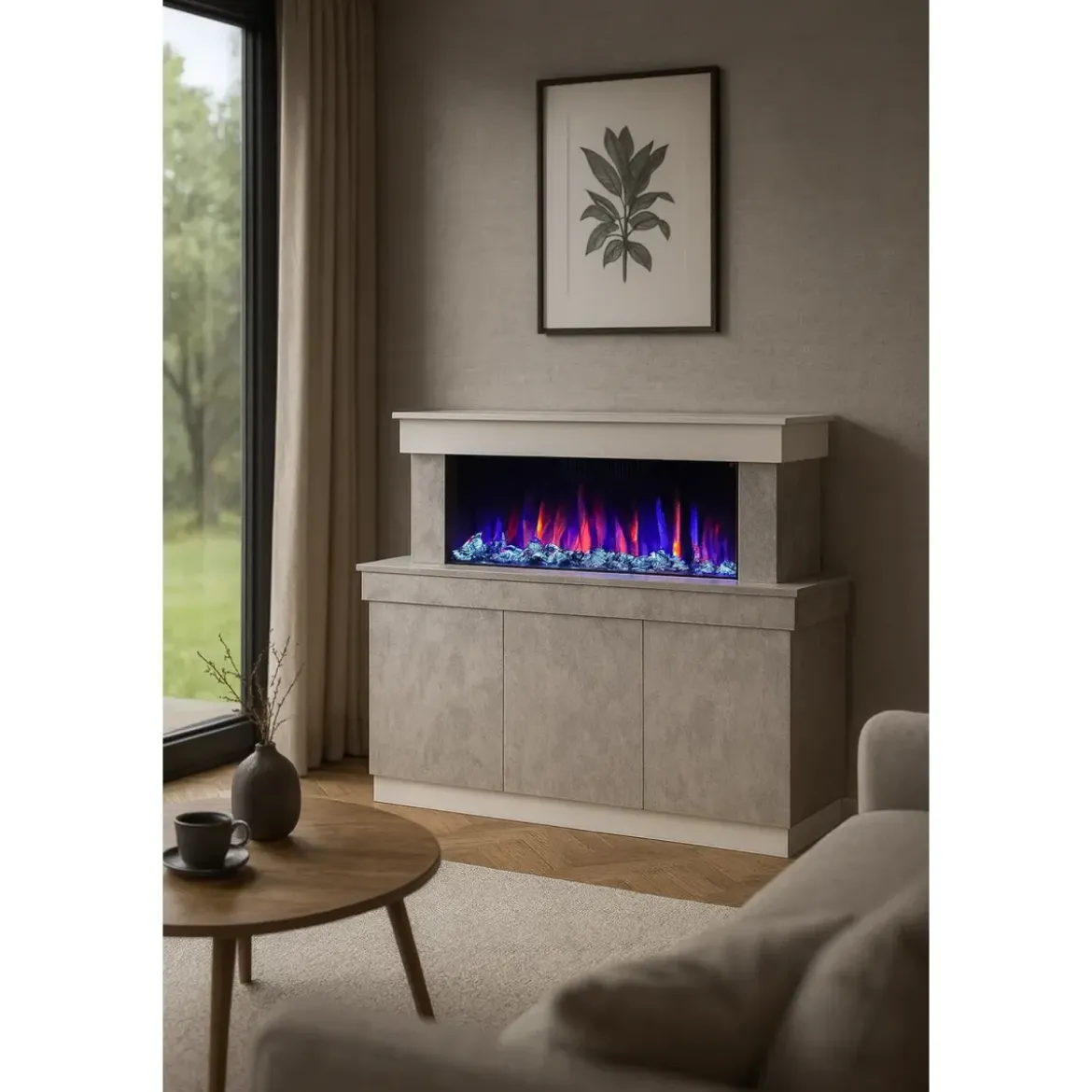 Mobile con Camino Elettrico 1500W Beige Effetto Pietra Moderno da Salotto