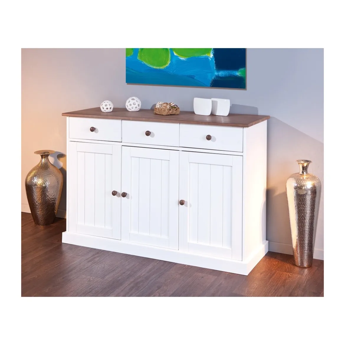 Mobile Credenza 3 Ante 3 Cassetti Bianco Noce Madia Dispensa Buffet da Cucina
