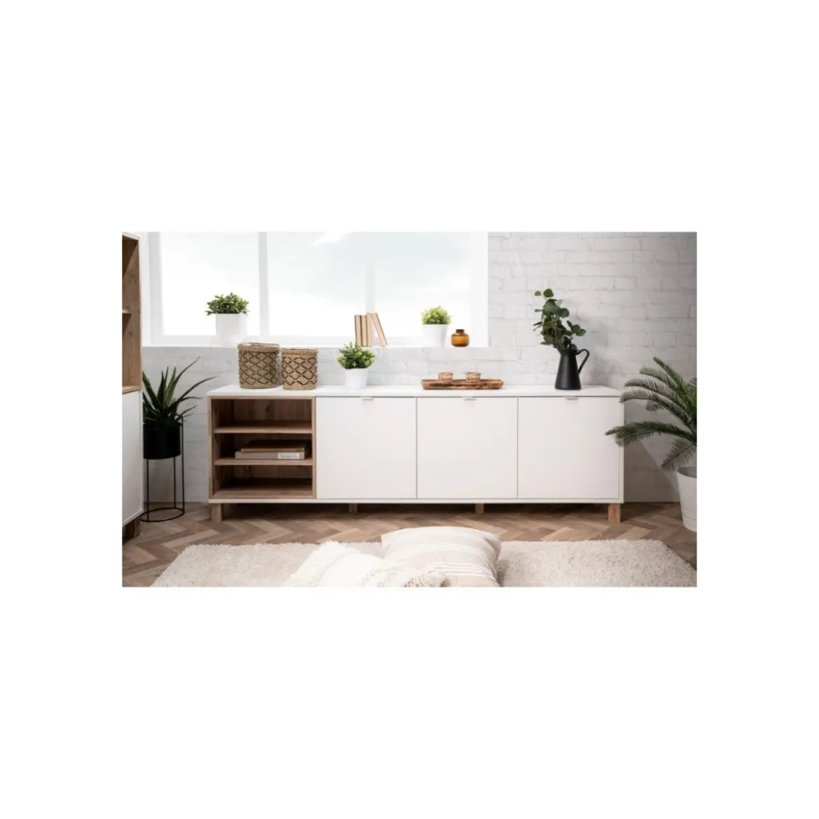 Mobile Credenza 200 cm 3 Ante in Legno Bianco e rovere Naturale Madia Soggiorno