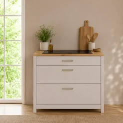 Mobile Cucina Base per Piano Cottura Beige Rovere con 3 Cassetti
