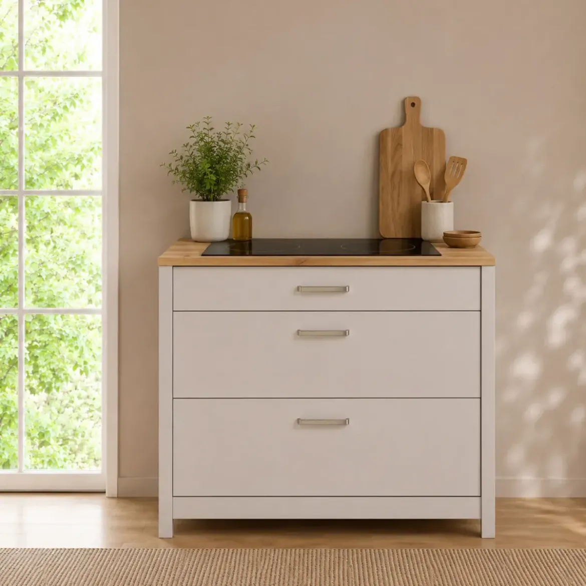 Mobile Cucina Base per Piano Cottura Beige Rovere con 3 Cassetti