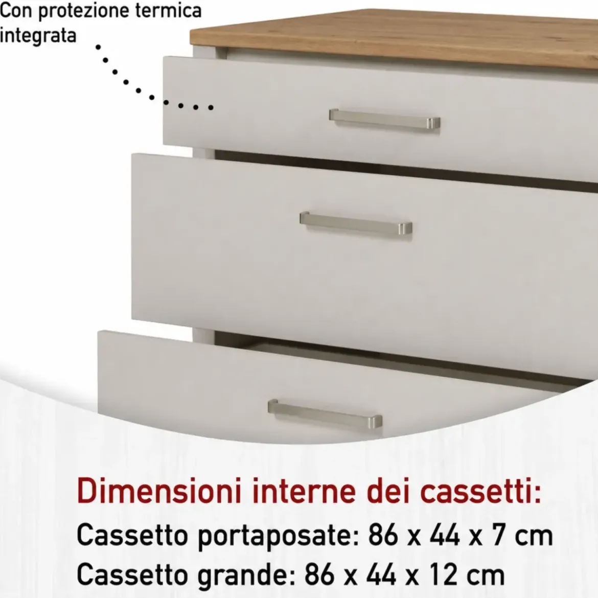 Mobile Cucina Base per Piano Cottura Beige Rovere con 3 Cassetti