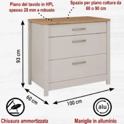 Mobile Cucina Base per Piano Cottura Beige Rovere con 3 Cassetti