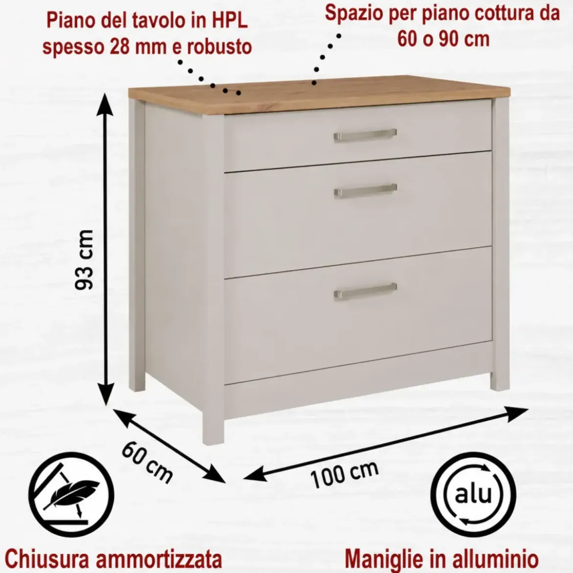 Mobile Cucina Base per Piano Cottura Beige Rovere con 3 Cassetti