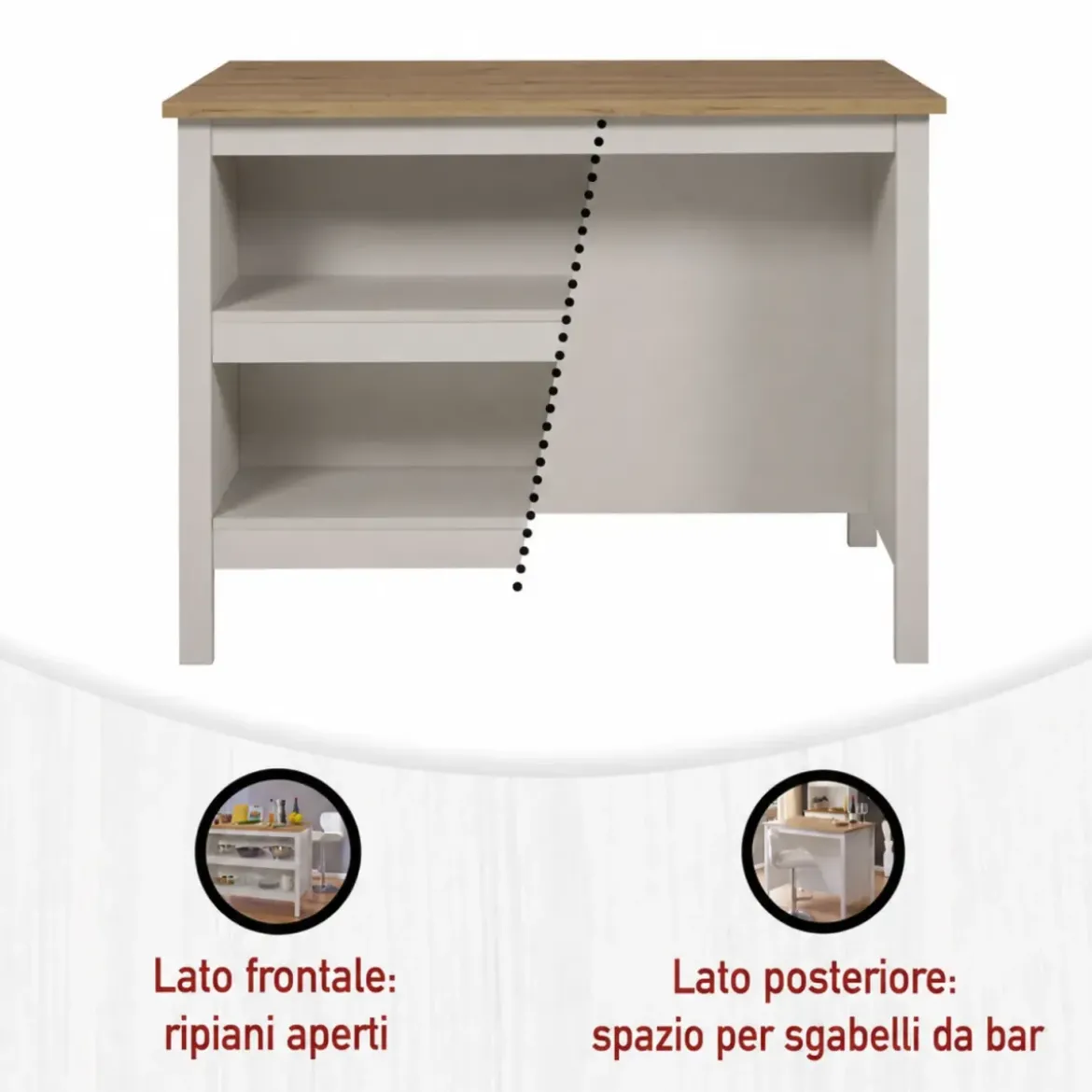 Mobile da Cucina Beige Rovere Tavolo Bar Isola 2 Ripiani Removibili