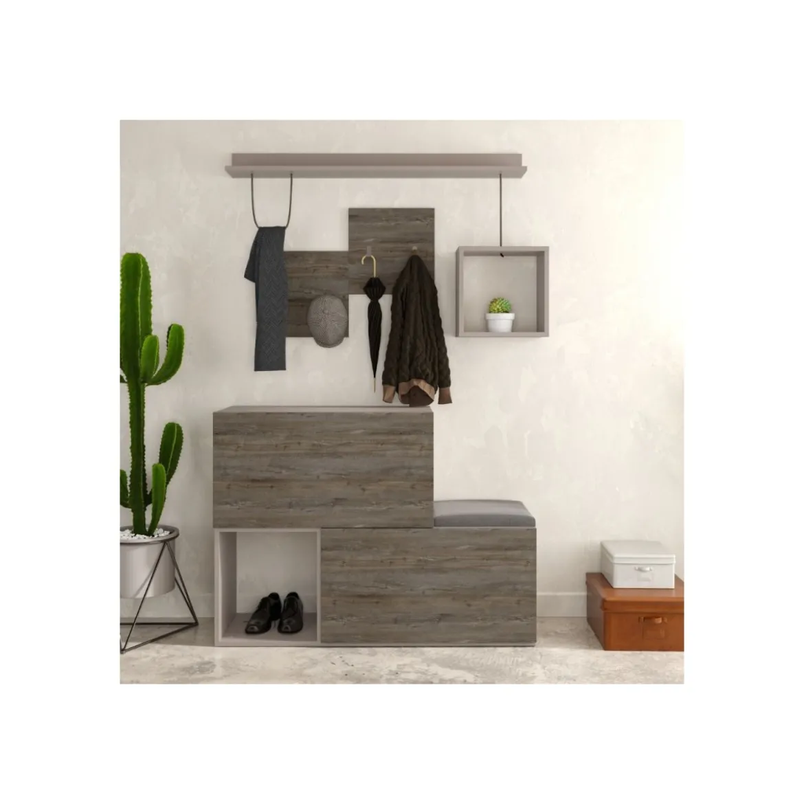 Mobile da Ingesso in Legno Vintage con Scarpiera Appendiabiti