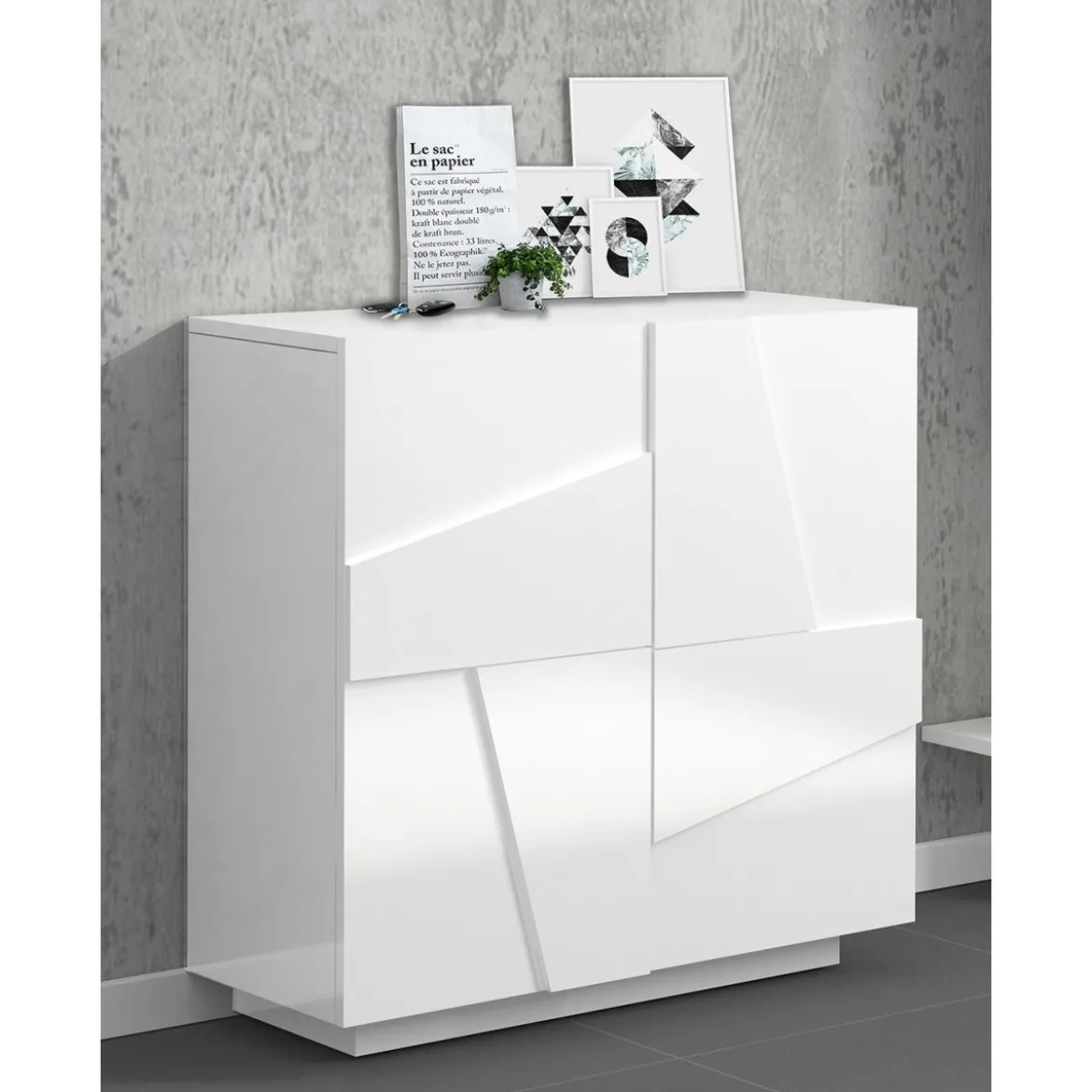 Mobile da Ingresso Bianco Lucido Scarpiera con 2 Ante Battenti in Legno