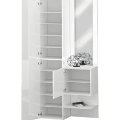Mobile da Ingresso con Scarpiera con Specchio Bianco Lucido 2 Pezzi