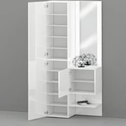 Mobile da Ingresso con Scarpiera con Specchio Bianco Lucido 2 Pezzi