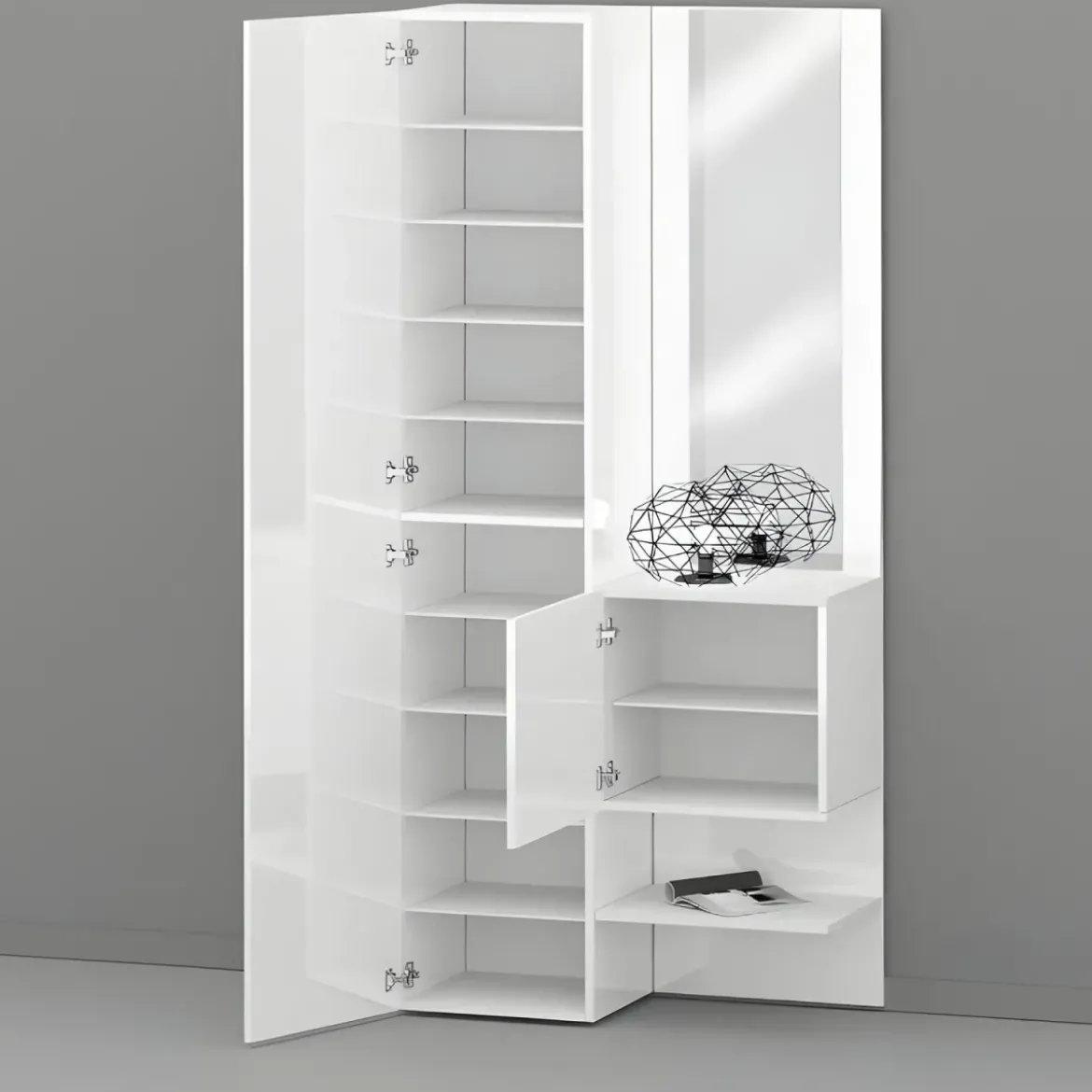 Mobile da Ingresso con Scarpiera con Specchio Bianco Lucido 2 Pezzi