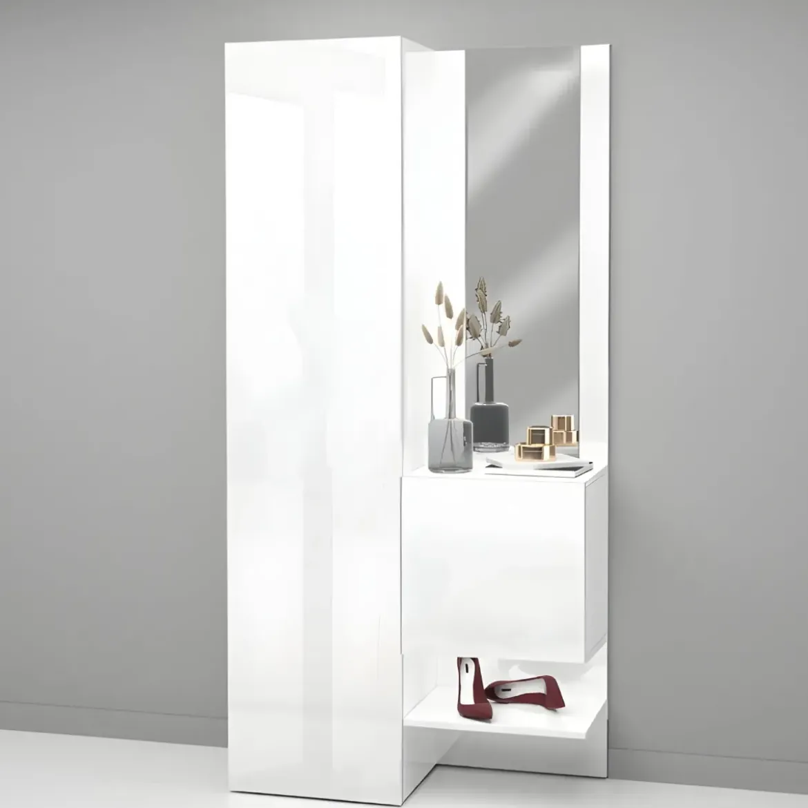 Mobile da Ingresso con Scarpiera con Specchio Bianco Lucido 2 Pezzi