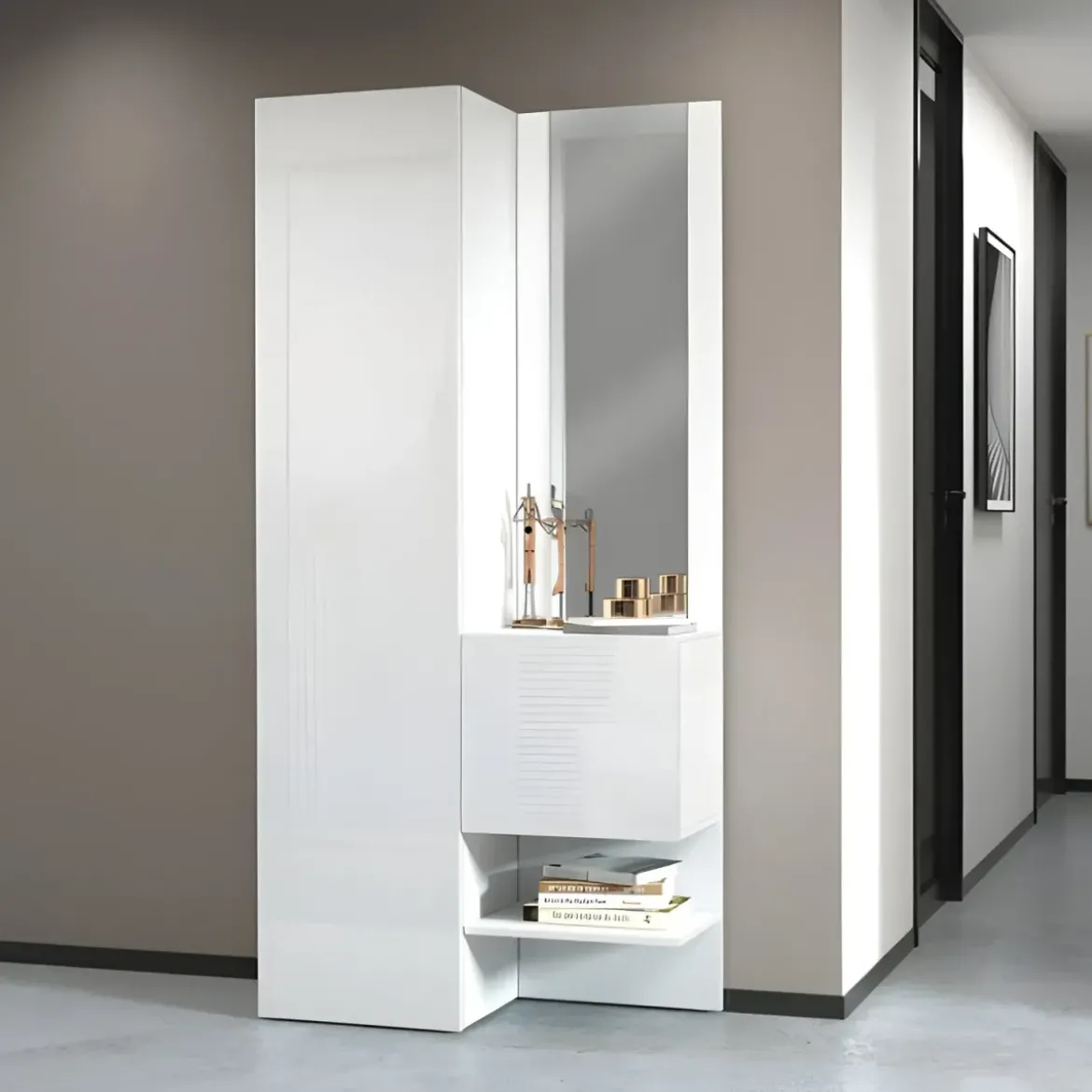 Mobile da Ingresso con Scarpiera con Specchio Bianco Lucido 2 Pezzi