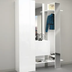 Mobile da Ingresso con Scarpiera Appendiabiti Specchio Bianco Lucido