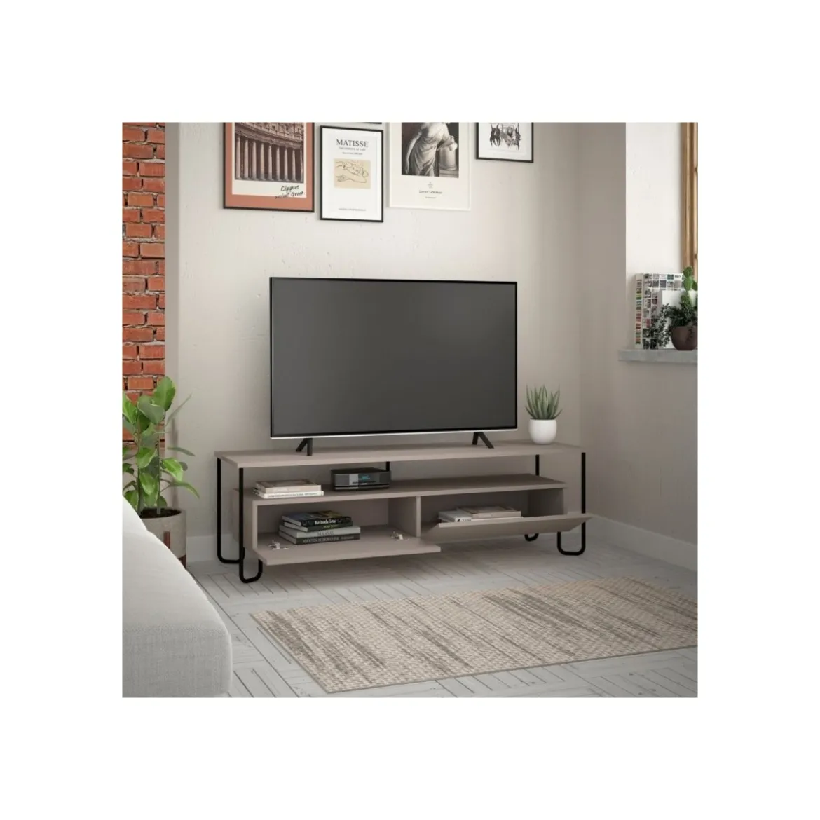 Mobile da Sala Porta TV in Legno Due Ante a Ribalta Tortora Piedi in Metallo