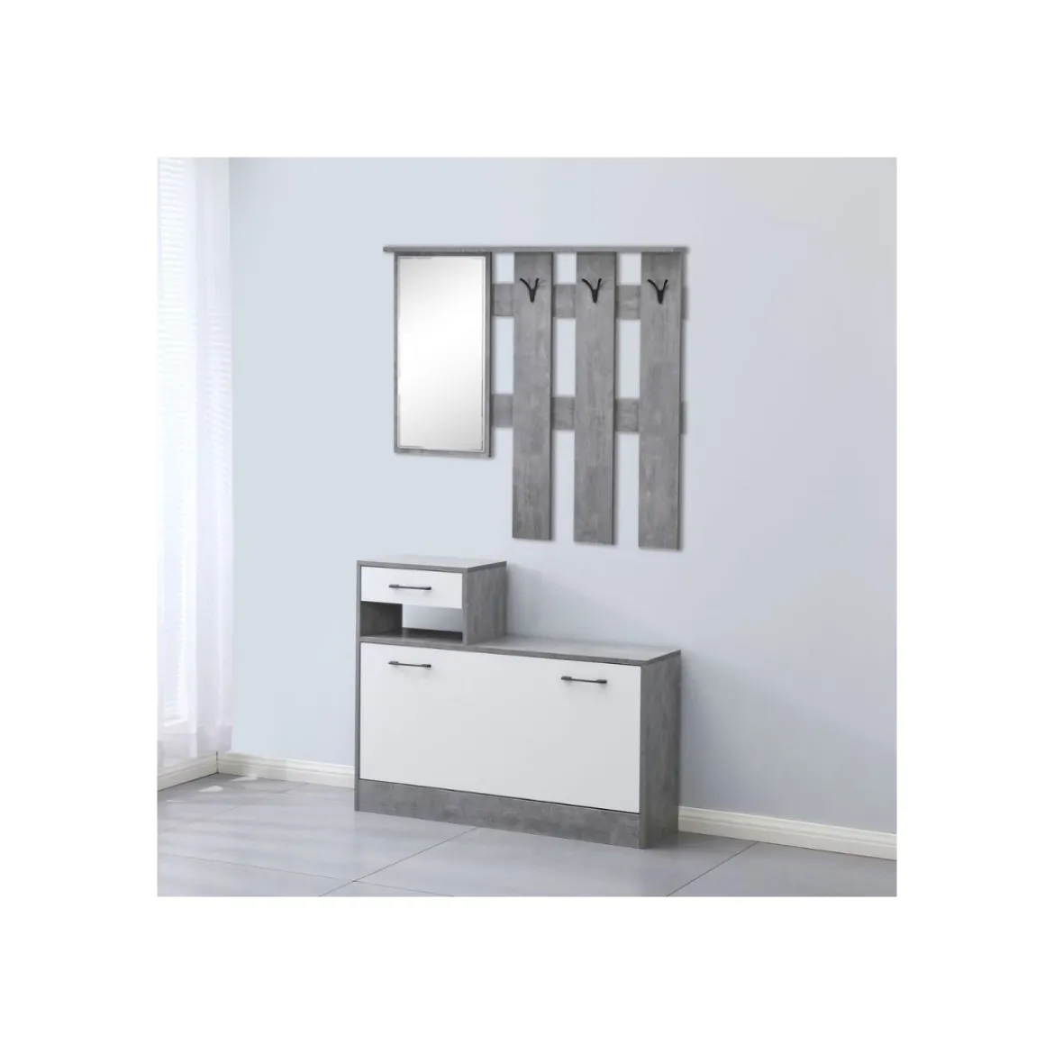Mobile Ingresso XL Grigio e Bianco con Scarpiera e Specchio