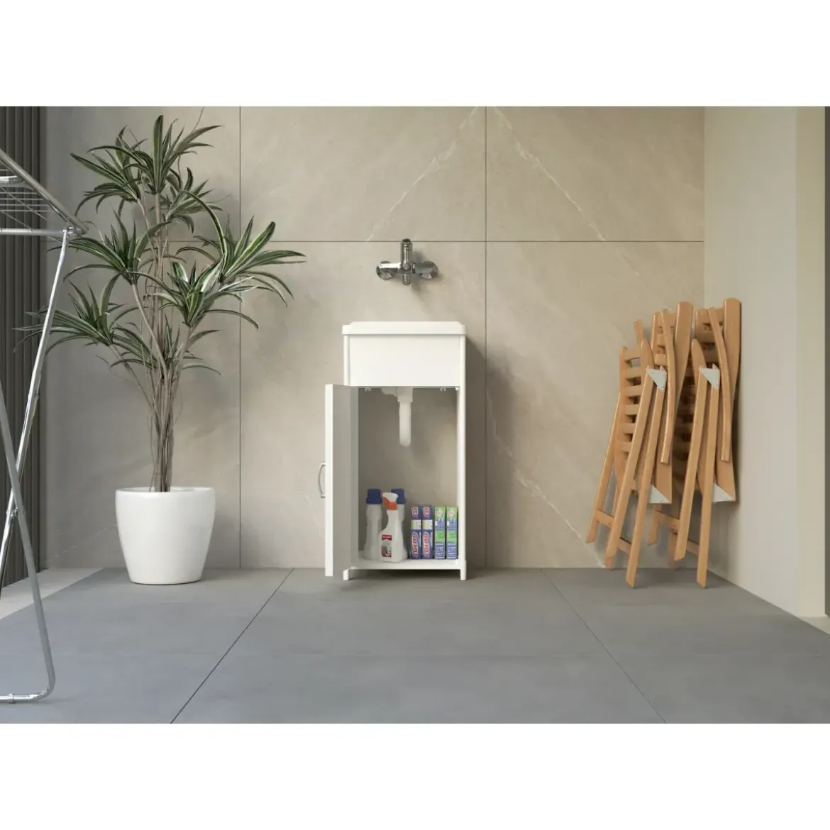 Mobile Lavanderia Compatto in Resina con Pilozzo Bianco 41x37x85 cm